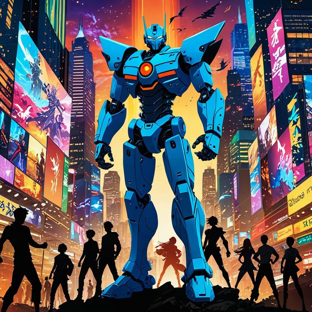 A colorful and dynamic collage of iconic anime characters from 2023, set in a fantastical landscape that blends elements from their respective series. Incorporate vibrant action poses and magical effects, highlighting the charm and creativity of anime. Include playful references like a giant robot, mythical creatures, and a bustling city in the background. The overall atmosphere should feel energetic and captivating, enticing viewers to explore the magic of anime. vibrant colors. modern vector art.