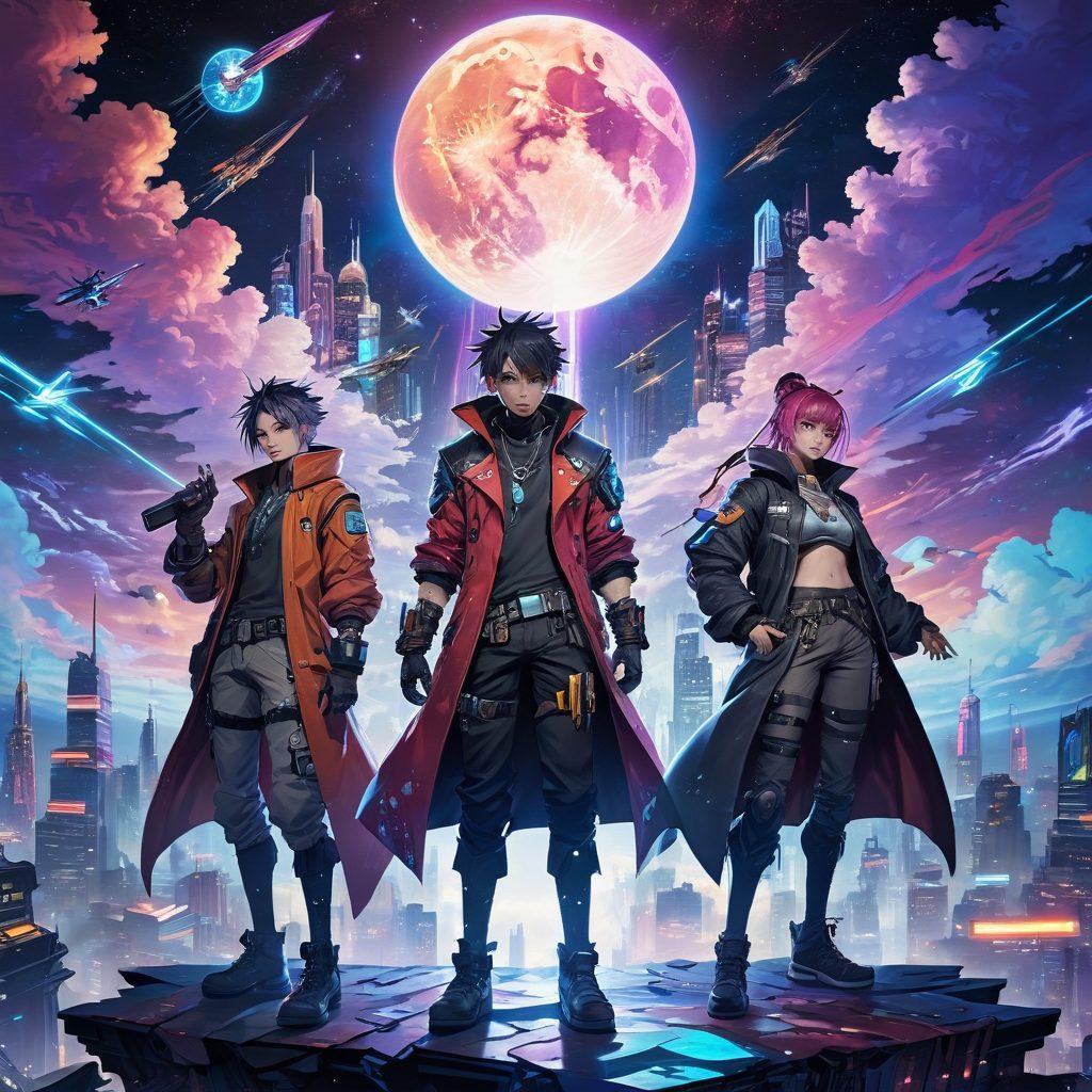A dynamic scene featuring a diverse group of anime characters, each representing different cultures and styles, standing triumphantly on a stylized world map. The backdrop showcases vibrant elements from various countries, blending traditional and futuristic designs, symbolizing unity and exploration. The sky is filled with colorful anime-style clouds and stars, reflecting the essence of adventure. Bright, vivid colors highlight the characters' unique features and outfits. cyberpunk, super-realistic, vibrant colors.