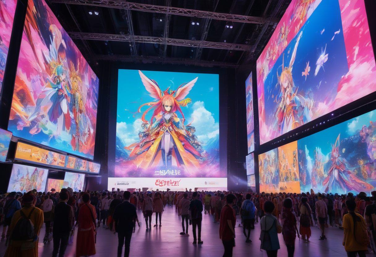 A vibrant scene capturing a bustling fan community at an anime convention, blending seamlessly into a modern streaming service interface on a large screen. Include cosplaying fans in colorful costumes, iconic anime symbols, and digital streaming elements like play buttons and streaming graphics. Showcase an ethereal transition from physical gathering to digital viewing. dynamic and colorful. 3D. vibrant colors.